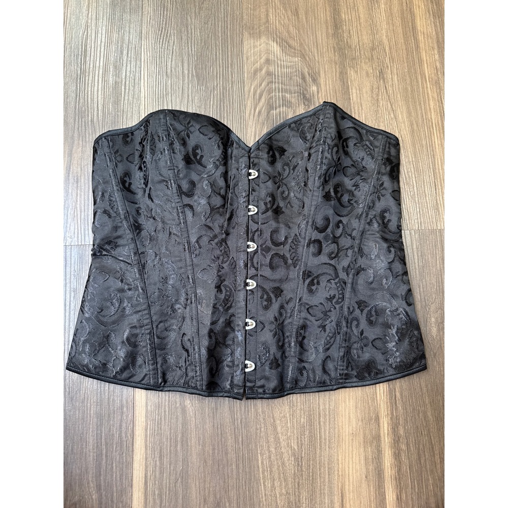 Corset Top Women XL Black Jacquard Damask Lace Up Boned Sweetheart